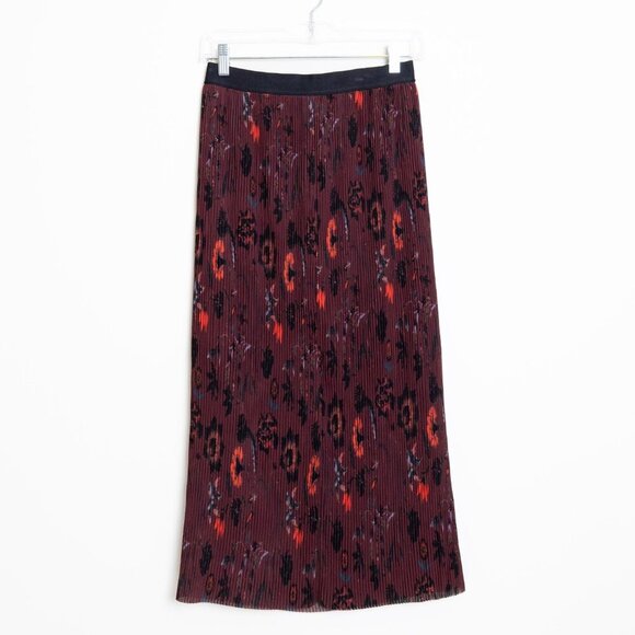 Sandro Pleated Midi Skirt Floral Burgundy Size 1 - Picture 2 of 16